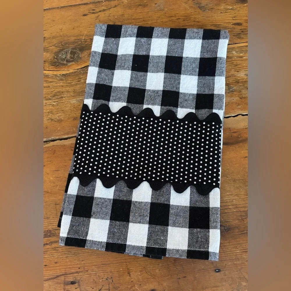 Handmade Kitchen Towel blk & wht buff check 100% cottn farmhouse Cottagecore
